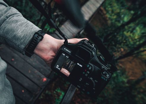 Close-up of hand holding a DSLR camera, capturing a nature scene.