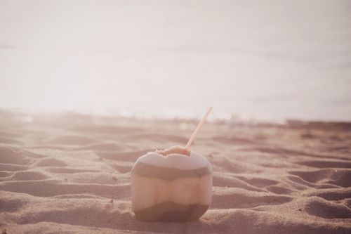Free A fresh coconut drink with a straw sits on serene beach sand, perfect for summer relaxation. Stock Photo
