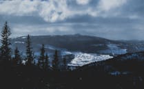 在多云的天空下，宁静的冬季景观拥有白雪皑皑的山脉和松树林