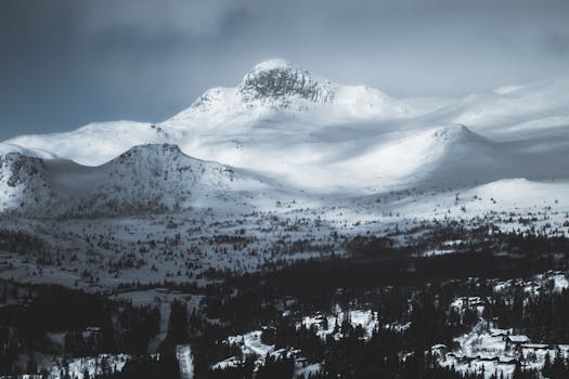 A breathtaking view of snow-capped mountains under a cloudy winter sky.
