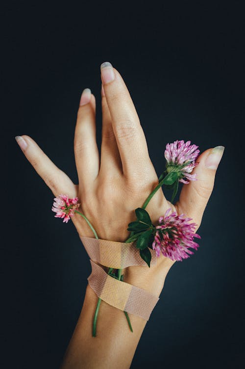 A Person's Hand with Bandages and Flowers