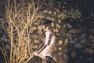 Boy In White Collared Shirt Standing Infront Of Tree