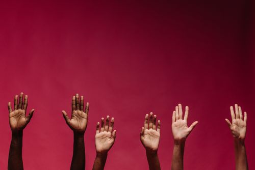 Free Image of diverse raised hands against a vibrant red background, symbolizing unity and diversity. Stock Photo