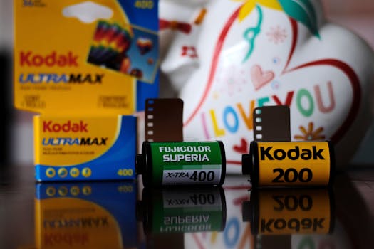 Close-up of Kodak and Fujicolor film rolls with reflection, creative still life.