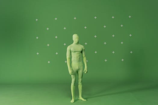An individual in a green zentai suit poses against a green screen with markers for visual effects.