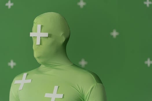 Person in green suit with plus symbols for chroma key work. Ideal for post-production editing.
