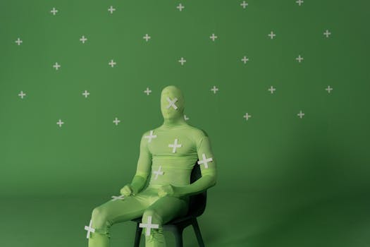 Person in chroma key suit sitting in green screen studio for visual effects creation.
