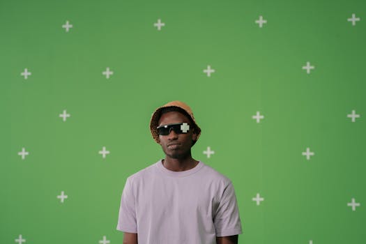 Stylish young man with sunglasses and bucket hat in a chroma key studio setting.
