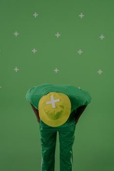 An individual in green attire and bucket hat bowing in a green screen studio with compositing markers.
