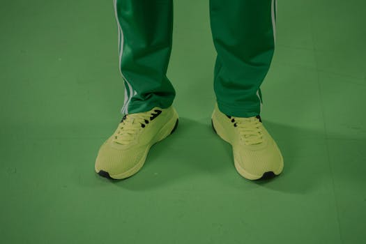 Close-up of neon yellow sneakers paired with green pants on a green surface.