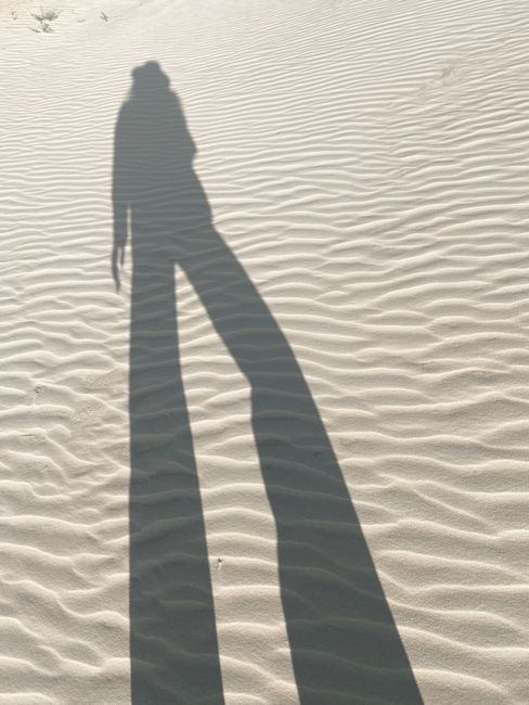 Tall shadow of a person cast on rippled sand dunes under sunlight.