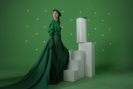 Woman in elegant green outfit posing with modern backdrop in studio setting.