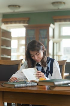 Young student immersed in reading at a library, surrounded by books, and engaging in focused study.