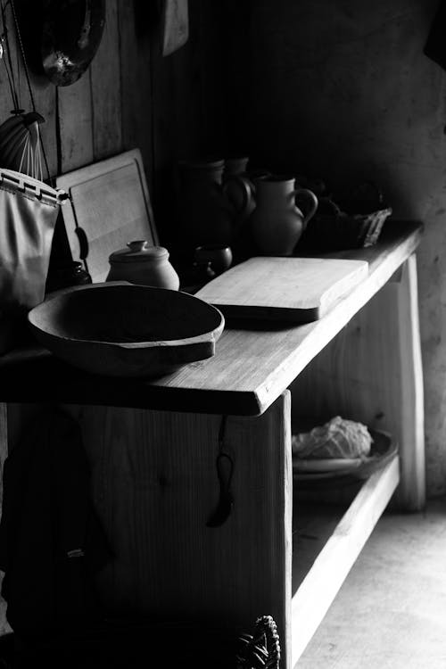 Grayscale Photo of Kitchen