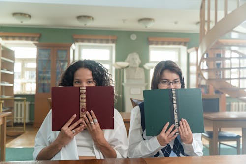 Gratis stockfoto met aan tafel, bedekkend gezicht, bibliotheek