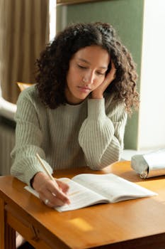 Teenage girl with curly hair studying at a desk, concentrated on her homework.