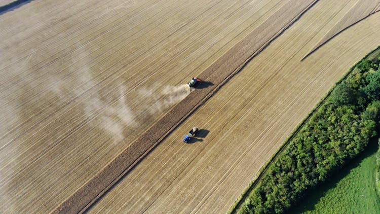 Tractor And Harvester On Field