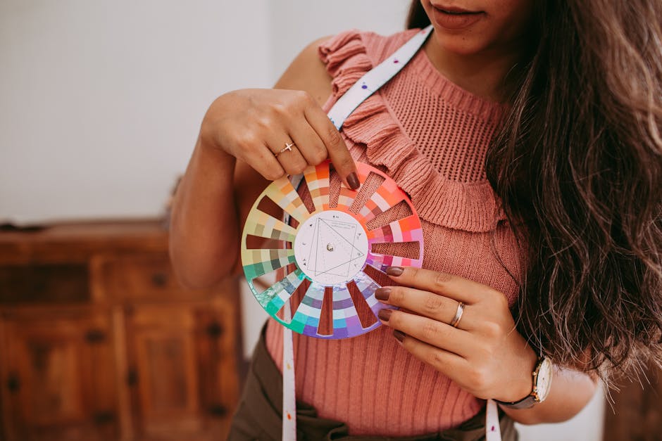 A woman with long hair holding a vibrant color wheel, showcasing colorful design elements.