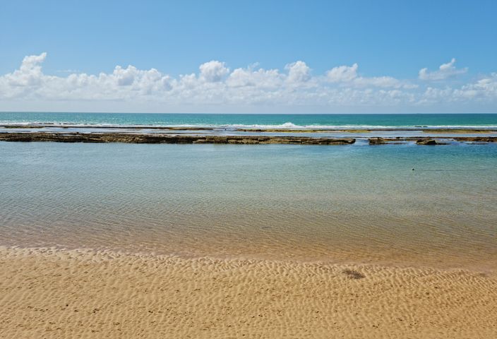 Peaceful sandy beach and calm ocean with rippling waves under a clear blue sky.
