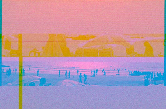 Abstract vintage beach scene with people, featuring distinct color distortion and pastel hues.
