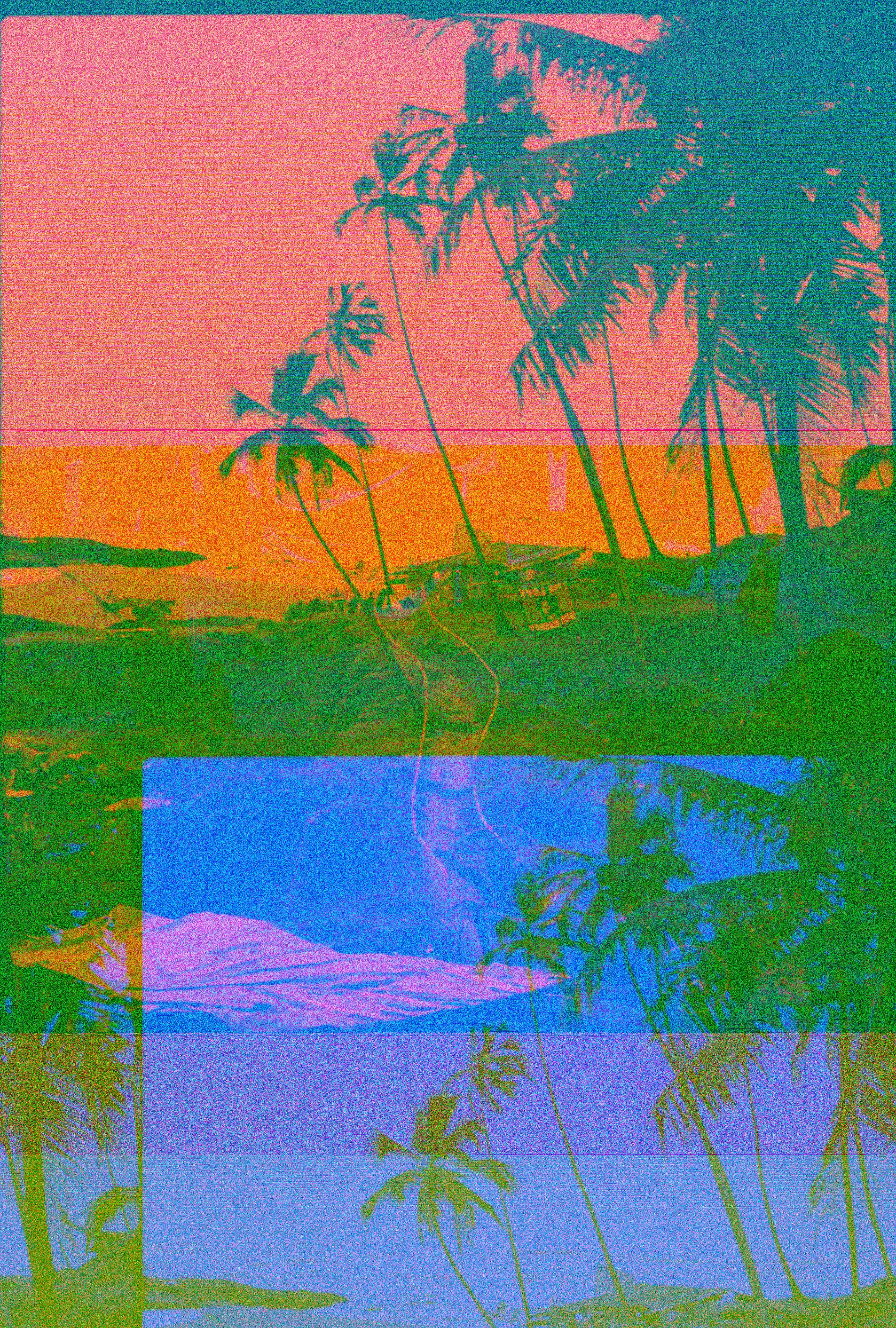 A colorful abstract view of palm trees silhouetted against a sunset beach scene.