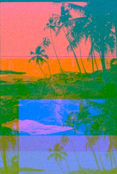 A colorful abstract view of palm trees silhouetted against a sunset beach scene.