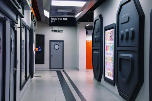 A sleek, modern indoor corridor featuring decorative panels and vibrant signage.