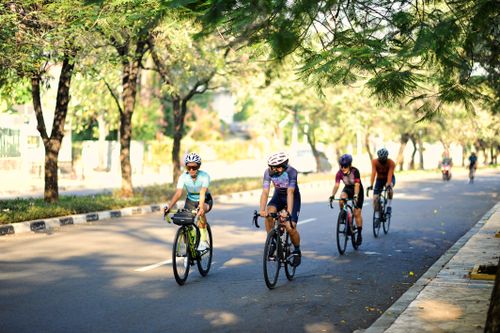 Free Cyclists enjoying a sunny ride through leafy roads in Jakarta, Indonesia. Stock Photo