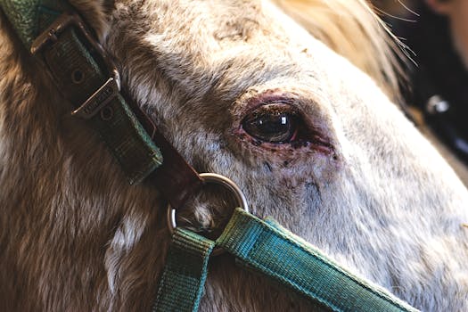 一匹佩戴马具的马，在柔和的自然光下，皮毛与眼睛的细节被清晰捕捉