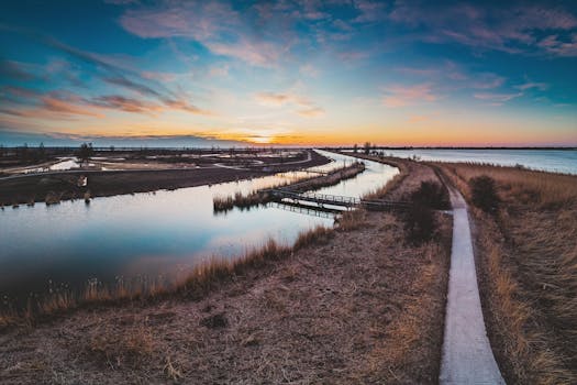 在荷兰莱利斯塔德的湿地和沿途，日落景色迷人