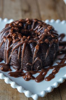 Close-up of a delicious chocolate bundt cake drizzled with rich chocolate sauce on a white plate.