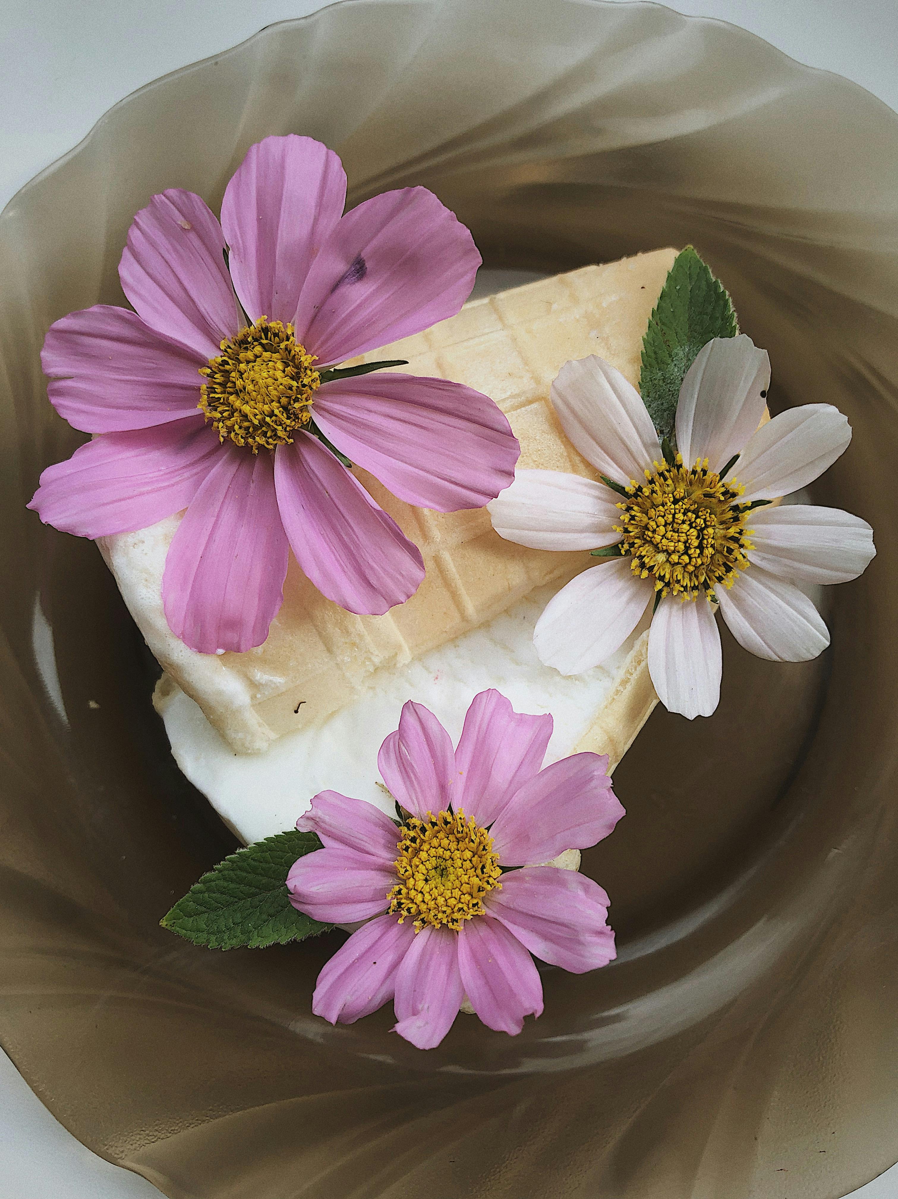 Close-up of three different scoops of artisanal ice cream in a bowl.
