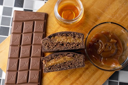 Free Chocolate Bar, Chocolate Cake, Caramel and Honey  Stock Photo