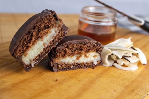 A mouthwatering chocolate dessert with a creamy filling, perfect for indulgence.