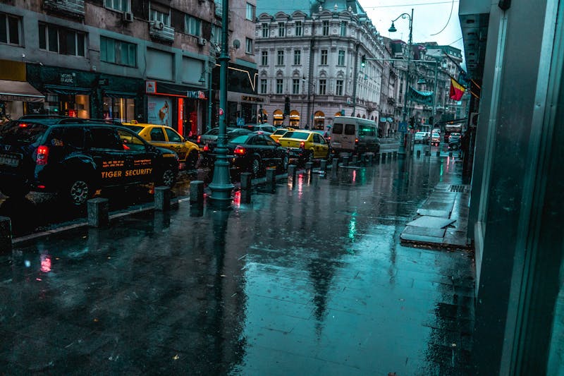 Rue animée de Bucarest avec une architecture classique sous la pluie