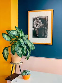 Modern room with vibrant plant decor and framed wall art enhancing the ambiance.