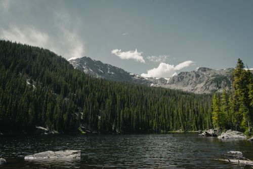 Free Serene landscape of mountains and pine forest surrounding a tranquil lake. Stock Photo