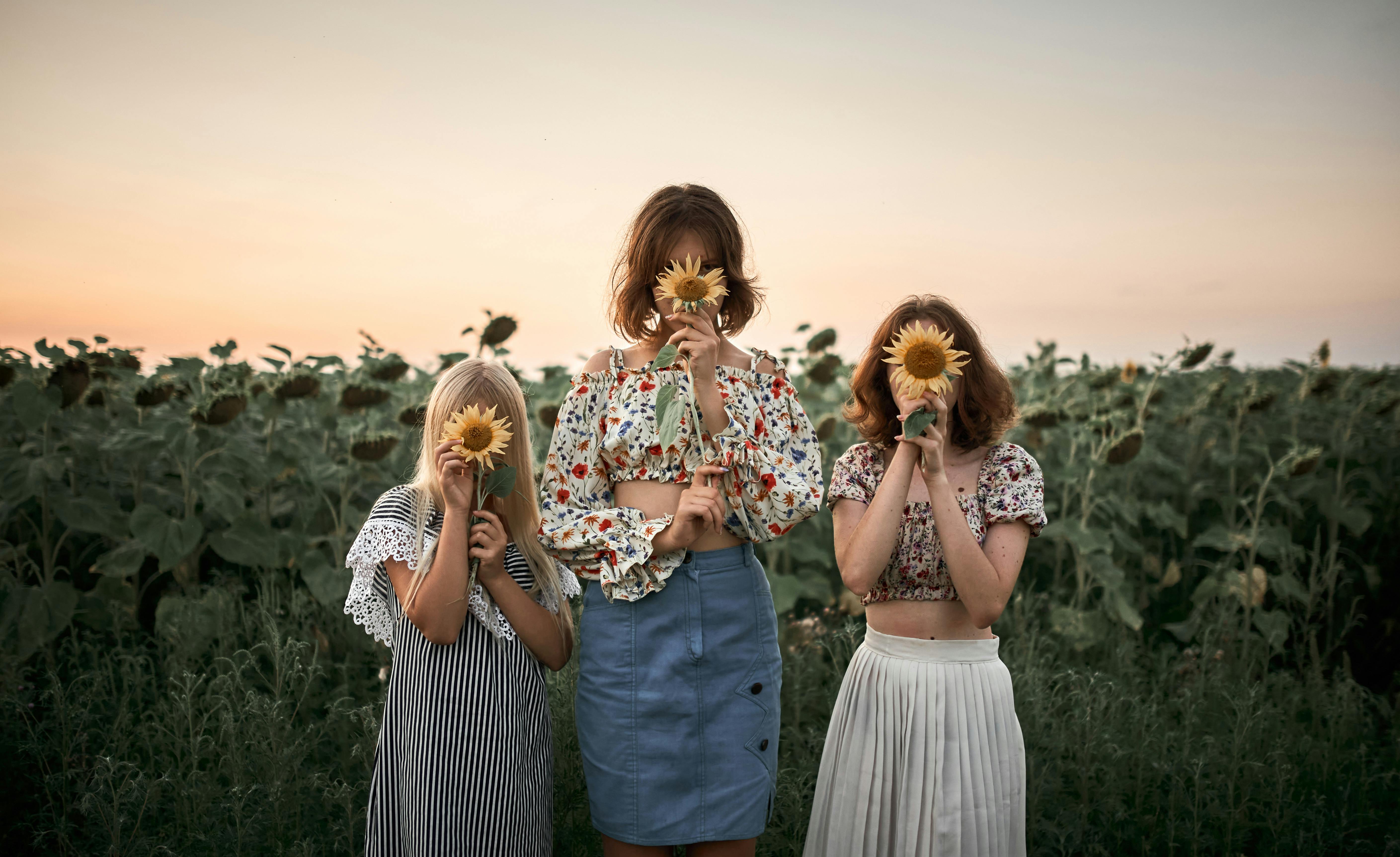 Three young women holding sunflowers in a field at sunset. Perfect for themes of nature and friendship.
