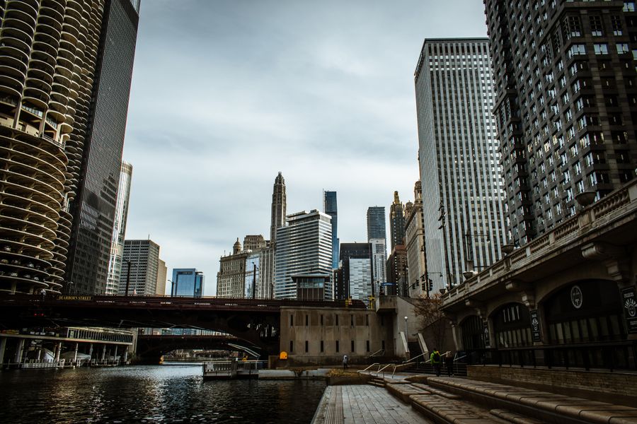 Low-angle view of skyscrapers along the Chicago Riverwalk