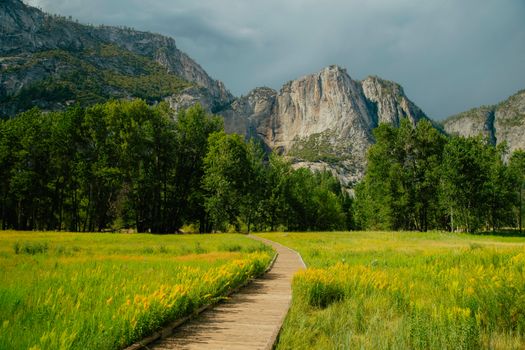 Scenic boardwalk leading through lush meadow towards majestic mountains in Yosemite National Park.