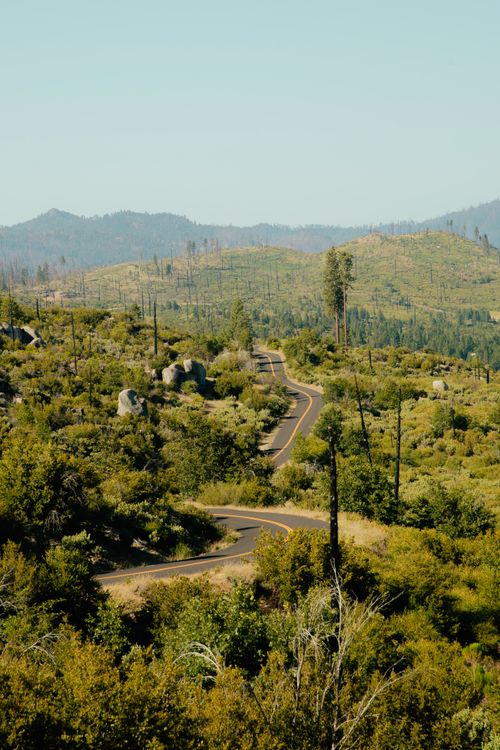 Free Explore the tranquility of a winding road through lush green mountains under a clear sky. Stock Photo