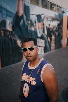 Man wearing a Lakers jersey and sunglasses standing confidently in an urban environment with a graffiti background.