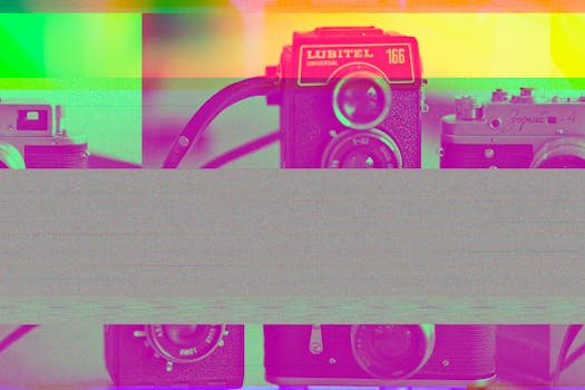 Artistic display of vintage cameras featuring vibrant glitch effect and retro feel.