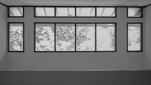 Grayscale Photo Glass Windows on a Concrete Building