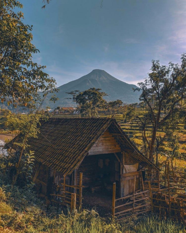 Abandoned Old Wooden House In Mountain Landscape