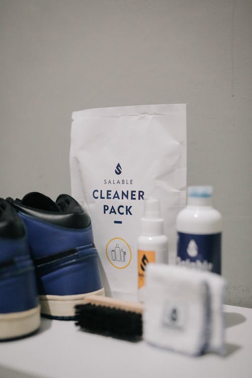 Free Bags and Bottles for Footwear Cleaning Stock Photo
