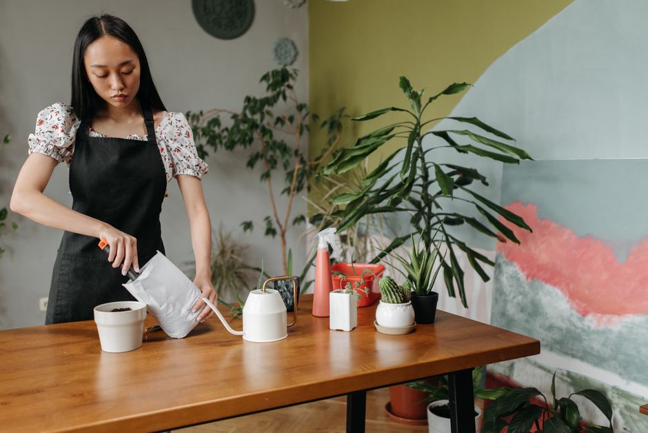 A woman in an apron potting plants indoors, surrounded by vibrant greenery on a wooden table.