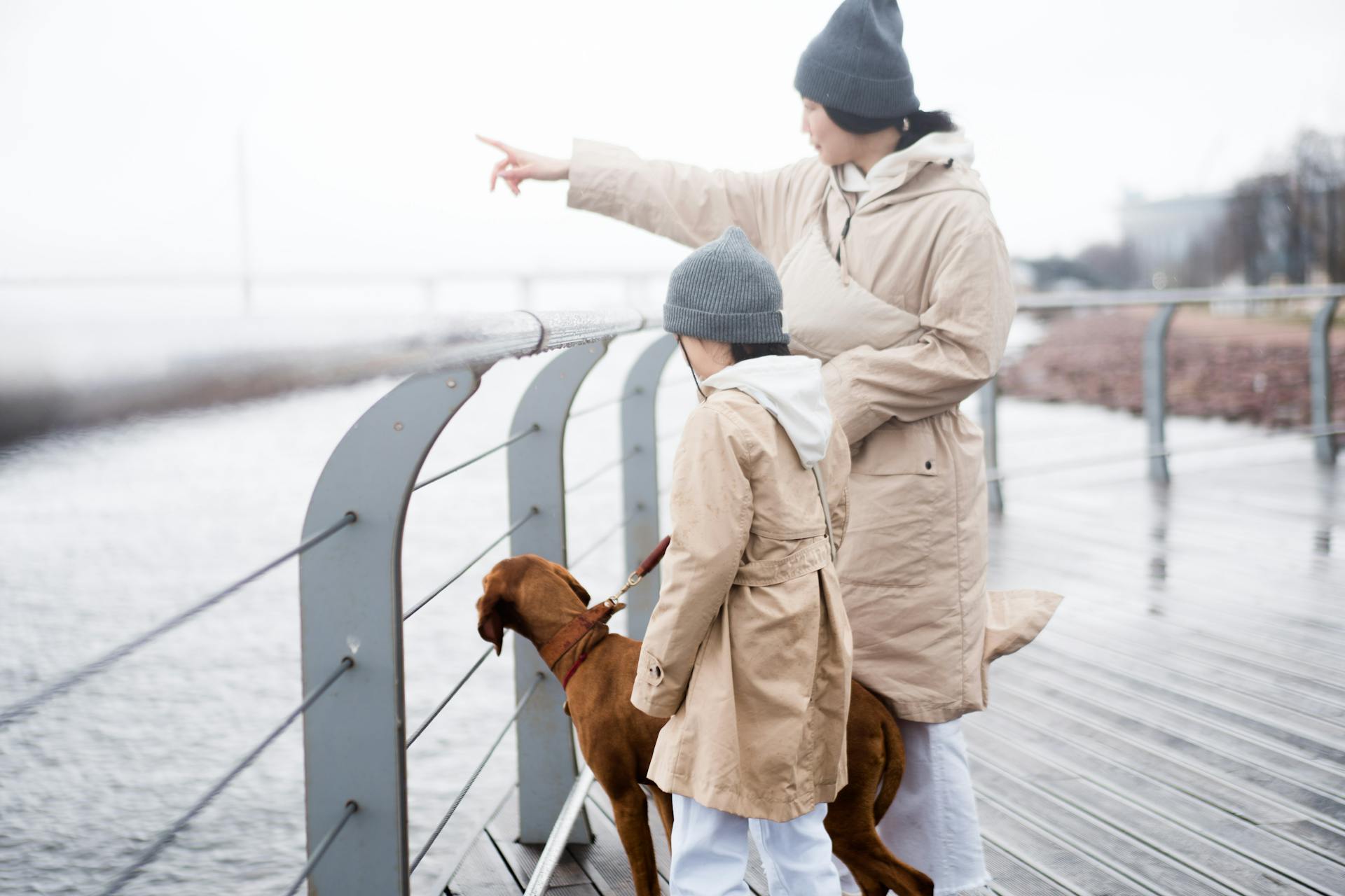 Mother and Child Standing Near Metal Railing with their Pet Dog