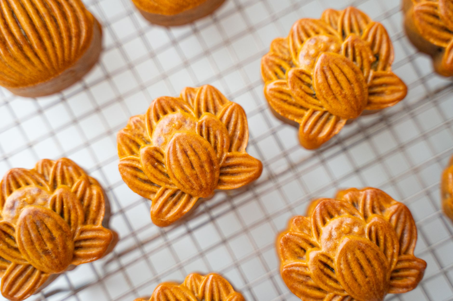 Delicate mooncakes on a cooling rack, showcasing intricate designs. Perfect for Mid-Autumn Festival.