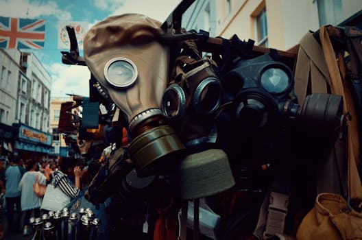 热闹的户外市场上，老式防毒面具和各种军用装备充满活力地展示着